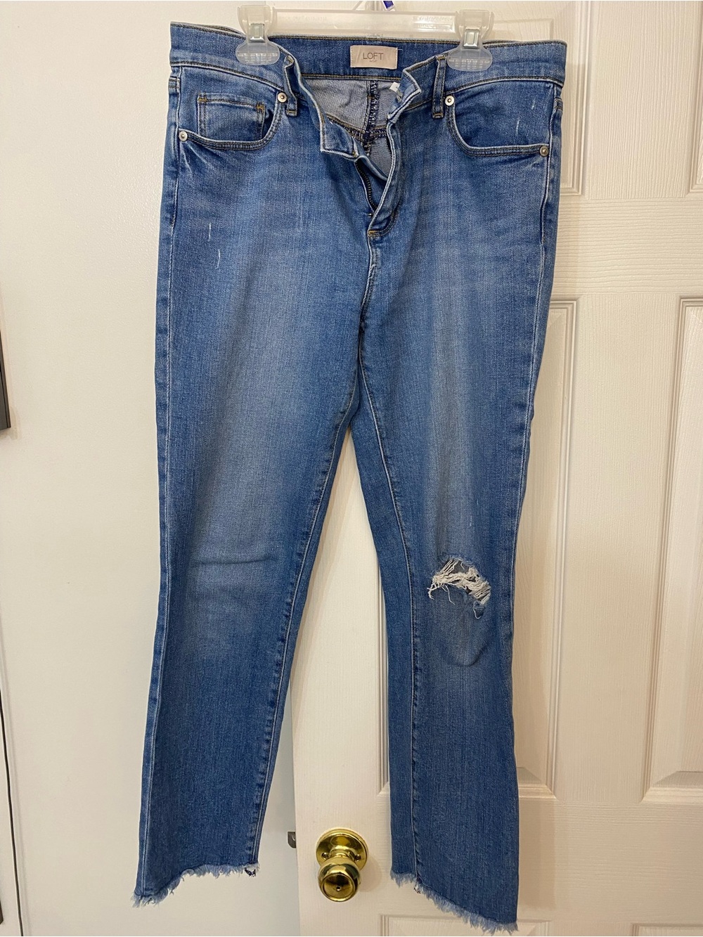 LOFT Blue Straight-Leg Jeans with Distressed Knee